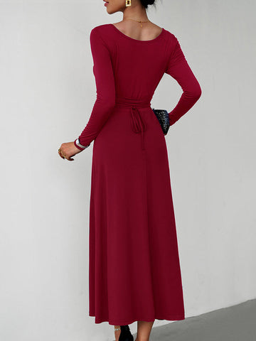 Vestidos midi de corte A, cintura alta, color liso, cintura anudada y cuello en U 