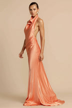 Solid Satin Halter Backless Maxi Dress