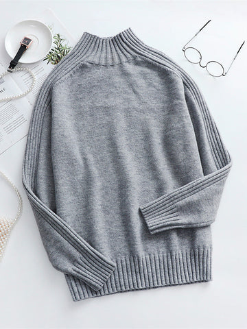 Stylish Long Sleeves Loose Solid Color High-Neck Sweater Tops