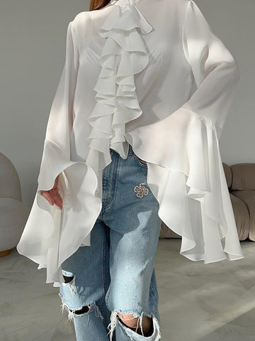 Bluse aus transparentem Chiffon mit Rundhalsausschnitt, Glockenärmeln und Wasserfall-Rüschen 