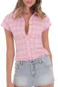 Cropped Plaid Polo Neck Button Blouse