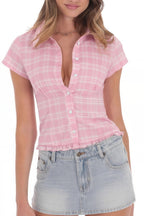 Cropped Plaid Polo Neck Button Blouse