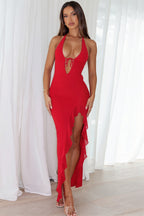 Sexy Ruffle Deep V Lace Up Backless Maxi Dress
