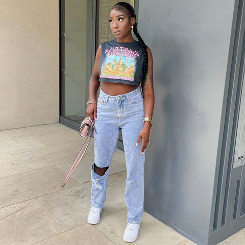 Summer Women Clothing Sexy Casual Printed Sleeveless Women Short T-shirt