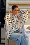 Polka Dot Tie Sheer Lantern Sleeve Blouse