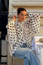 Polka Dot Tie Sheer Lantern Sleeve Blouse