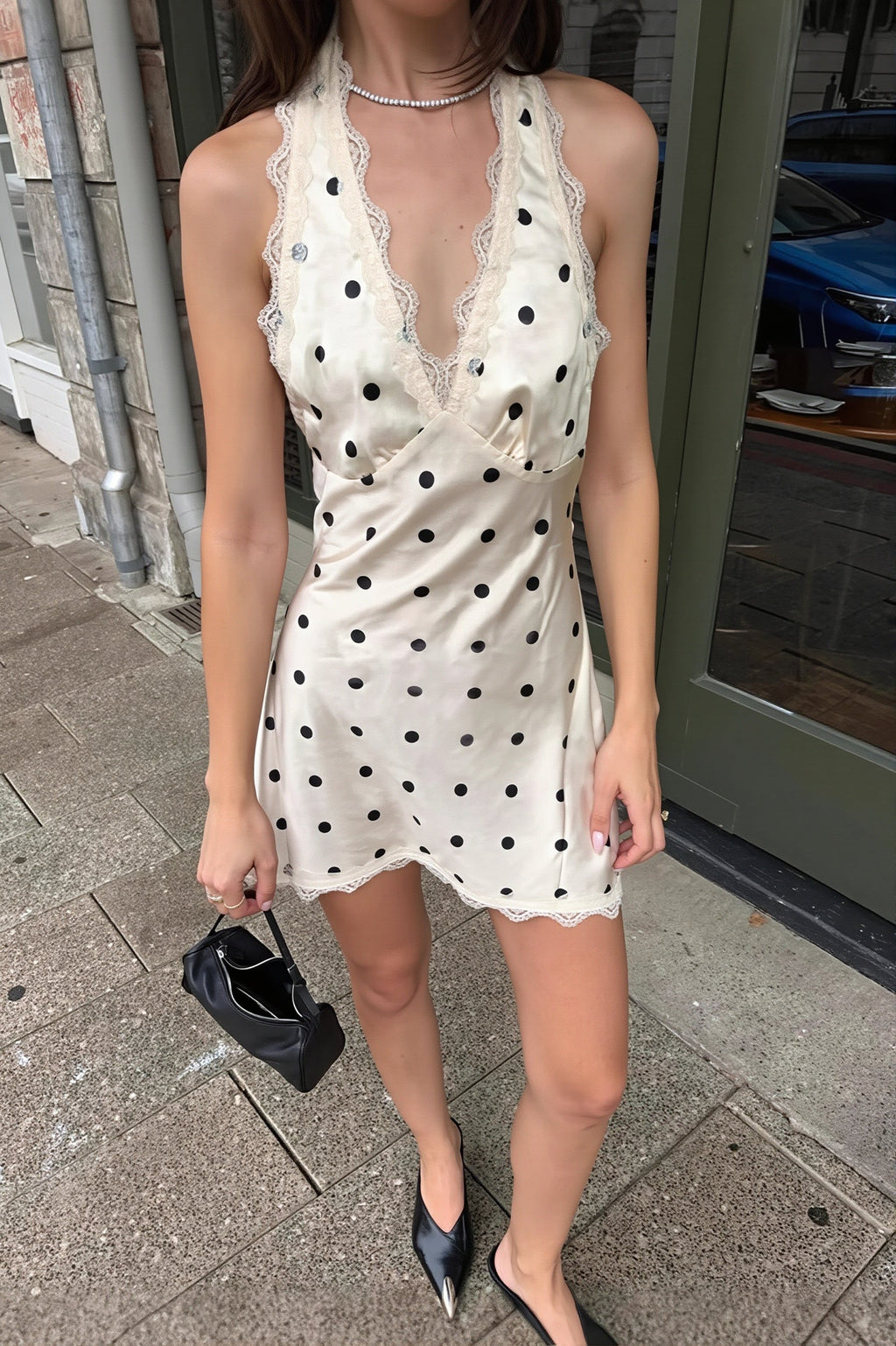 Polka Dot Halter V Neck Cutout Back Mini Dress