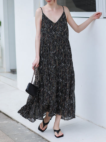 Women Vintage Floral Pleat V-Neck Loose Vest Dress
