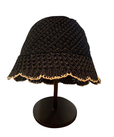 Handgemachte schwarze Bucket Hat aus Strick mit Hohlsaum 