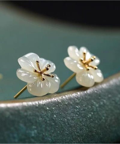 Pendientes DIY de flor de ciruelo con incrustaciones de jade y plata de ley blanca dorada 
