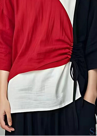 Pre sale - shipping in 30 days/Italian Colorblock Cinched Patchwork Linen Shirt Tops Summer