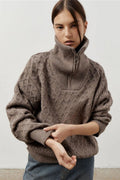 Vintage Chunky Knit High Neck Zip Up Sweater