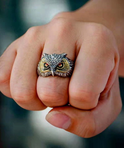 Anillos abiertos de búho con ágata roja fina en plata de ley 