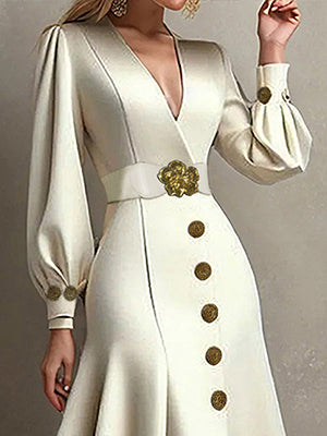 Vestidos midi con escote en V, plisados, abertura en la cintura y mangas abullonadas sueltas 