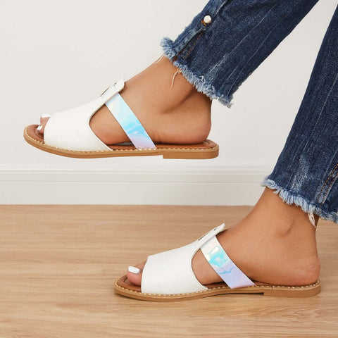 Bunte, offene Zehenpartie zum Hineinschlüpfen, flache Hausschuhe, Slide-Sandalen 
