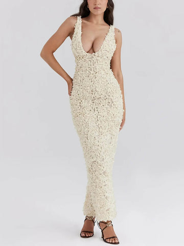 Vestido largo de tubo con abertura y apliques florales de rosas para fiesta 