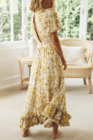 Vestido largo floral con cuello en V 