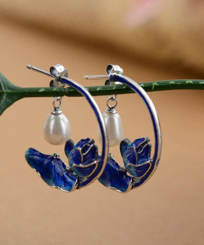 Pendientes de aro de plata de ley azul con incrustaciones de cloisonné y perla de loto para mujer 
