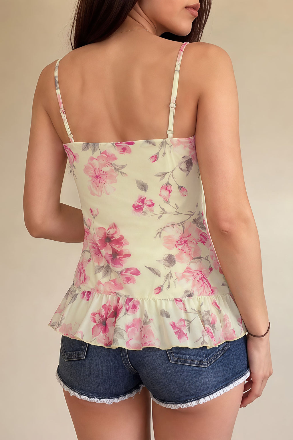 Ruched V Neck Floral Mesh Cami Top