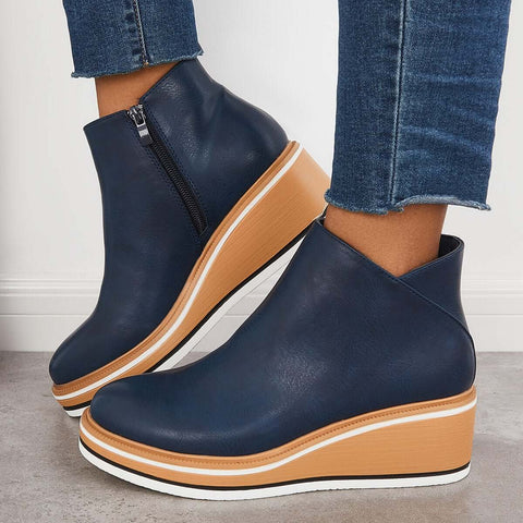 Casual Wedge Sneakers Side Zipper Platform Wedge Ankle Boots