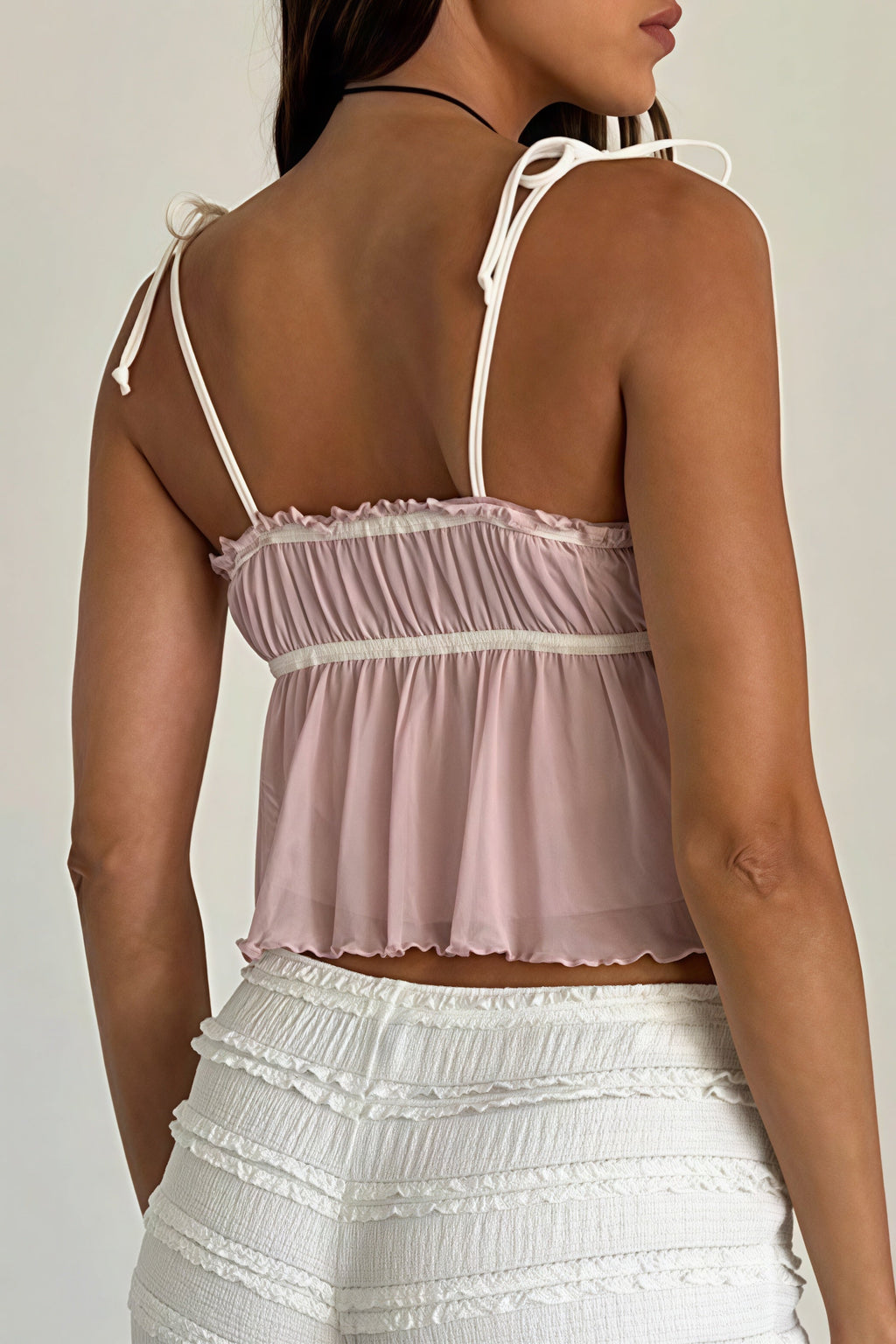 Solid Ruffle Hem Tie Bow Cami Top