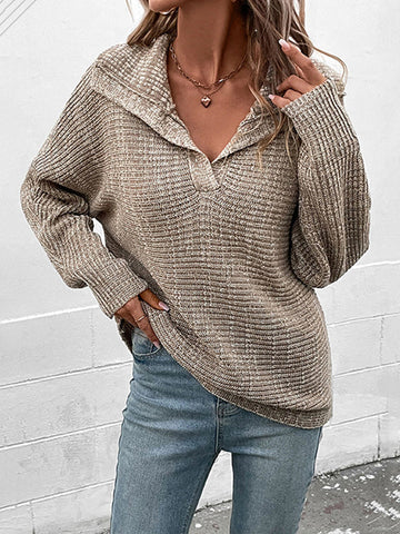 Casual Loose Long Sleeves Solid Color Lapel Collar Sweater Tops