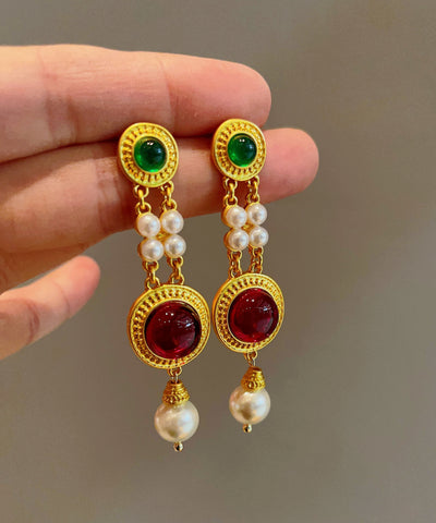 Retro Multicolor Sterling Silver Overgild Coloured Glaze Pearl Drop Earrings