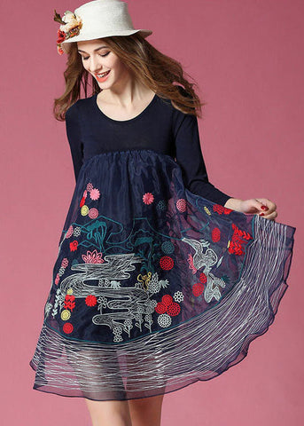 Vestido de fiesta de primavera con patchwork de organza y bordado azul marino bohemio 