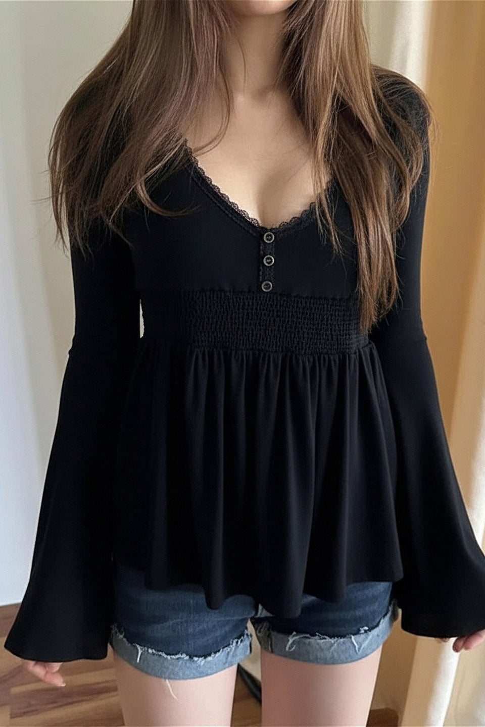 Casual Solid Deep V A Line Elastic Blouse