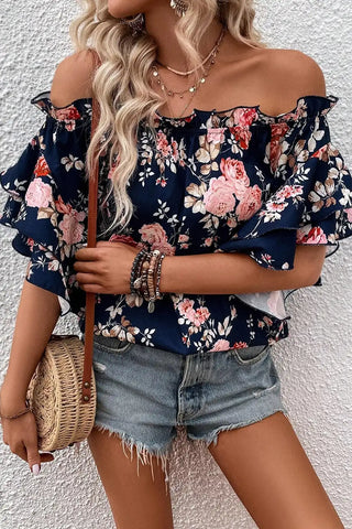 elegant blue floral off shoulder blouse