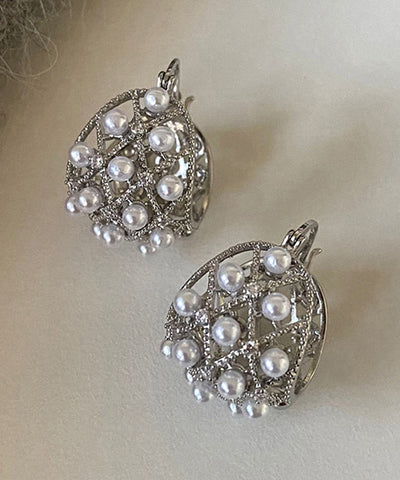 Modern Silk Sterling Silver Pearl Hollow Out Hoop Earrings