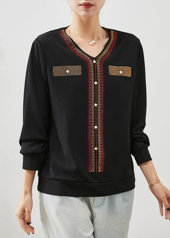 Feine schwarze V-Ausschnitt Zirkon Baumwolle Tops Frühling 