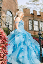 Off the Shoulder Ruffle Tiered Tulle Long Prom Dresses with Appliques