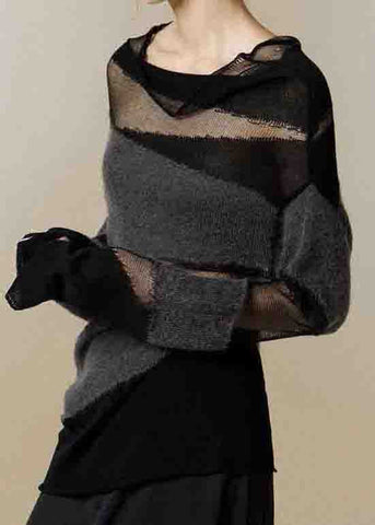 Nuevos suéteres de punto fino con cuello alto de tul y patchwork negros para otoño 