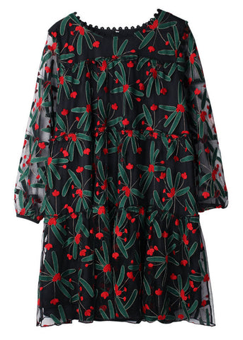 Lässiges schwarzes besticktes Blumen-Tüll-Spitzen-A-Linien-Kleid mit langen Ärmeln 