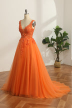 Langes, orangefarbenes Prinzessinnen-Abendkleid in A-Linie mit V-Ausschnitt und Applikationen