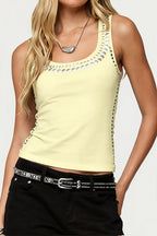 Chic Metal Stud Round Neck Fitted Tank Top