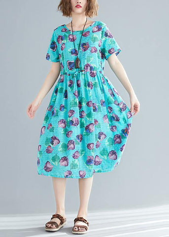 Armarios empotrados con cuello en O y patchwork, vestido de verano de corte A, con estampado de lino azul, para hacer tú mismo. 