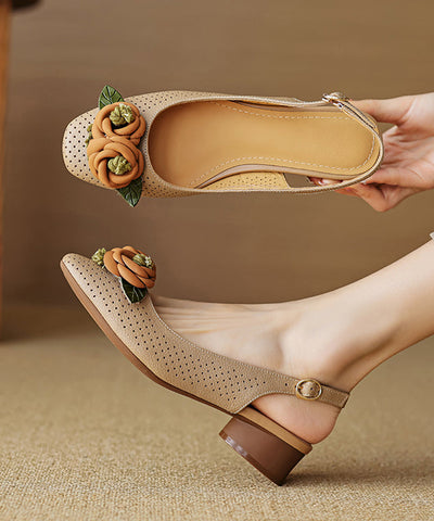 Beige Blumenmuster Chunky Schaffell Edle Splicing Sandalen Hollow Out 