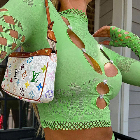 TARUXY - Tops cortos de encaje transparente para mujer, novedad de 2023, camiseta de manga larga con diamantes calados, ropa de calle, top elástico ajustado transparente Y2k 