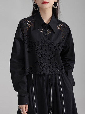 Lange Ärmel Lose Geknöpft Hohl Einfarbig Revers Blusen &amp; Hemden Tops 