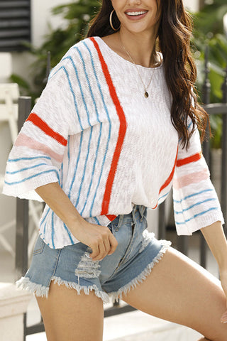 Tops de cuello redondo con abertura y rayas dulces de moda 