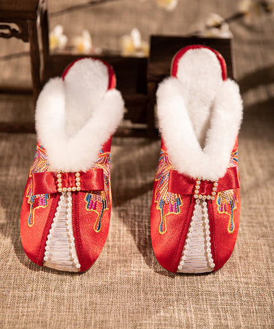 Retro Stickerei Chunky Hausschuhe Schuhe Weiß Satin Fuzzy Wolle gefüttert