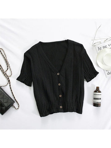 T-shirts Women V-Neck Button Up Tees Short Sleeve Casual T-shirts Knitted Cadigans Crop Tops For Women 2024 Summer Tee