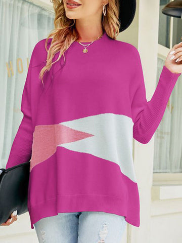 Batwing Sleeves Long Sleeves Contrast Color Round-Neck Knitwear Pullovers Sweater Tops