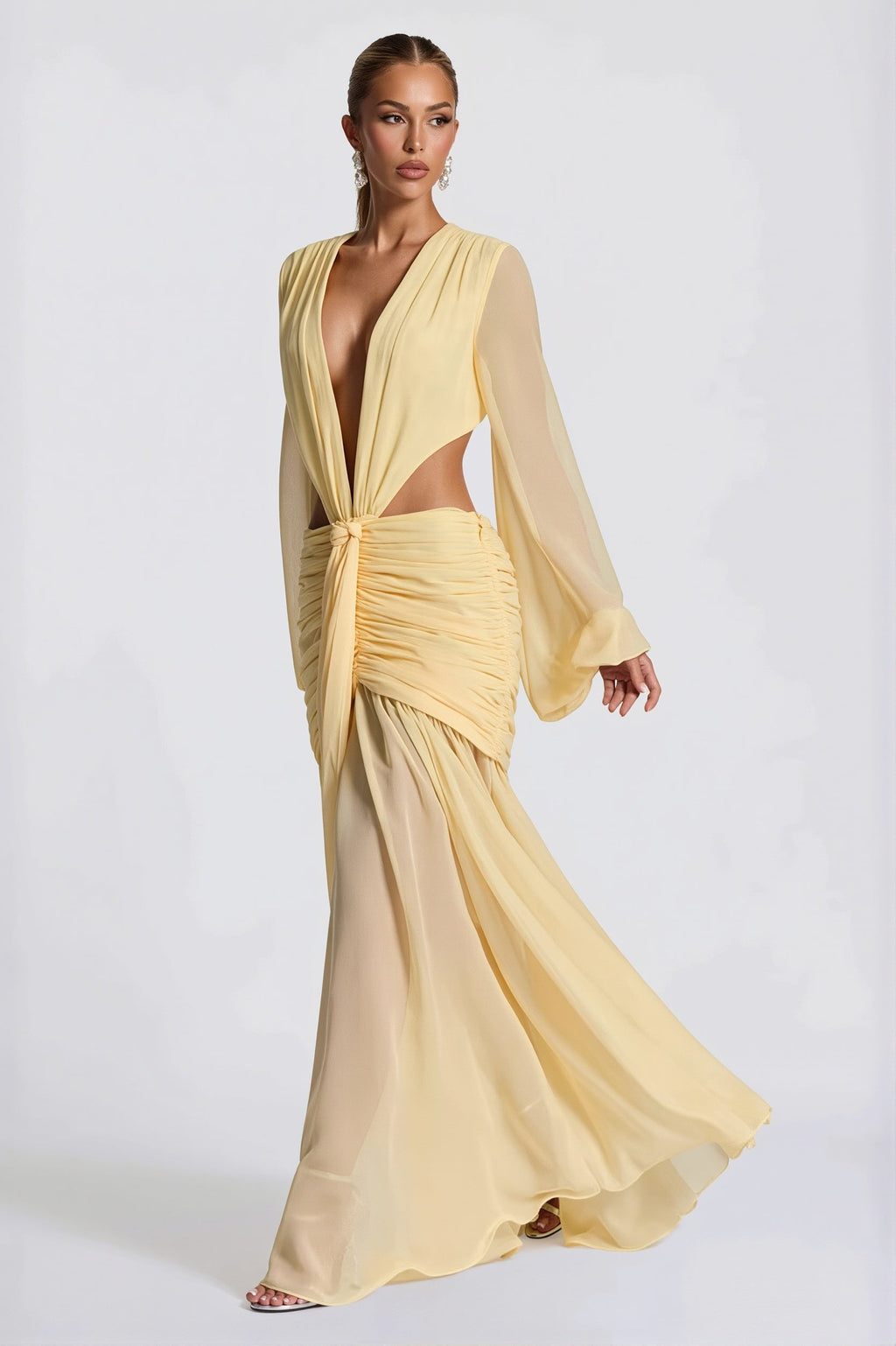 Chiffon Sheer Long Sleeve Cutout Maxi Dress