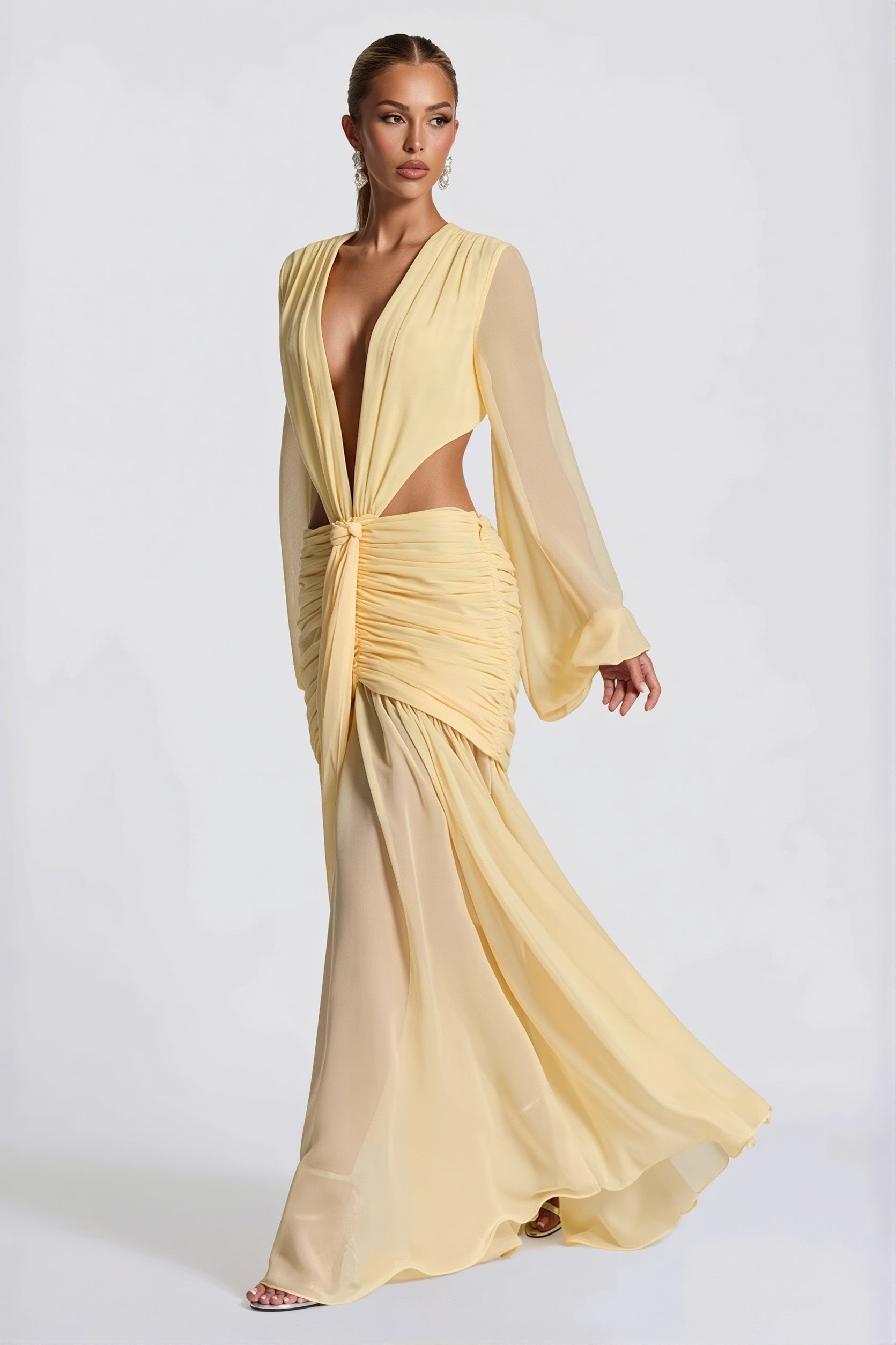 Chiffon Sheer Long Sleeve Cutout Maxi Dress