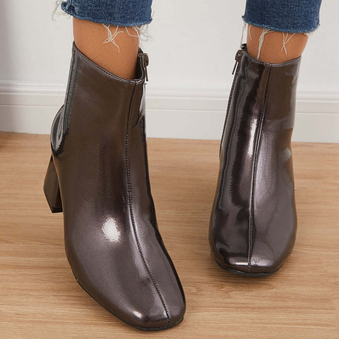 Botines de charol con tacón de bloque y punta cuadrada con cremallera lateral 