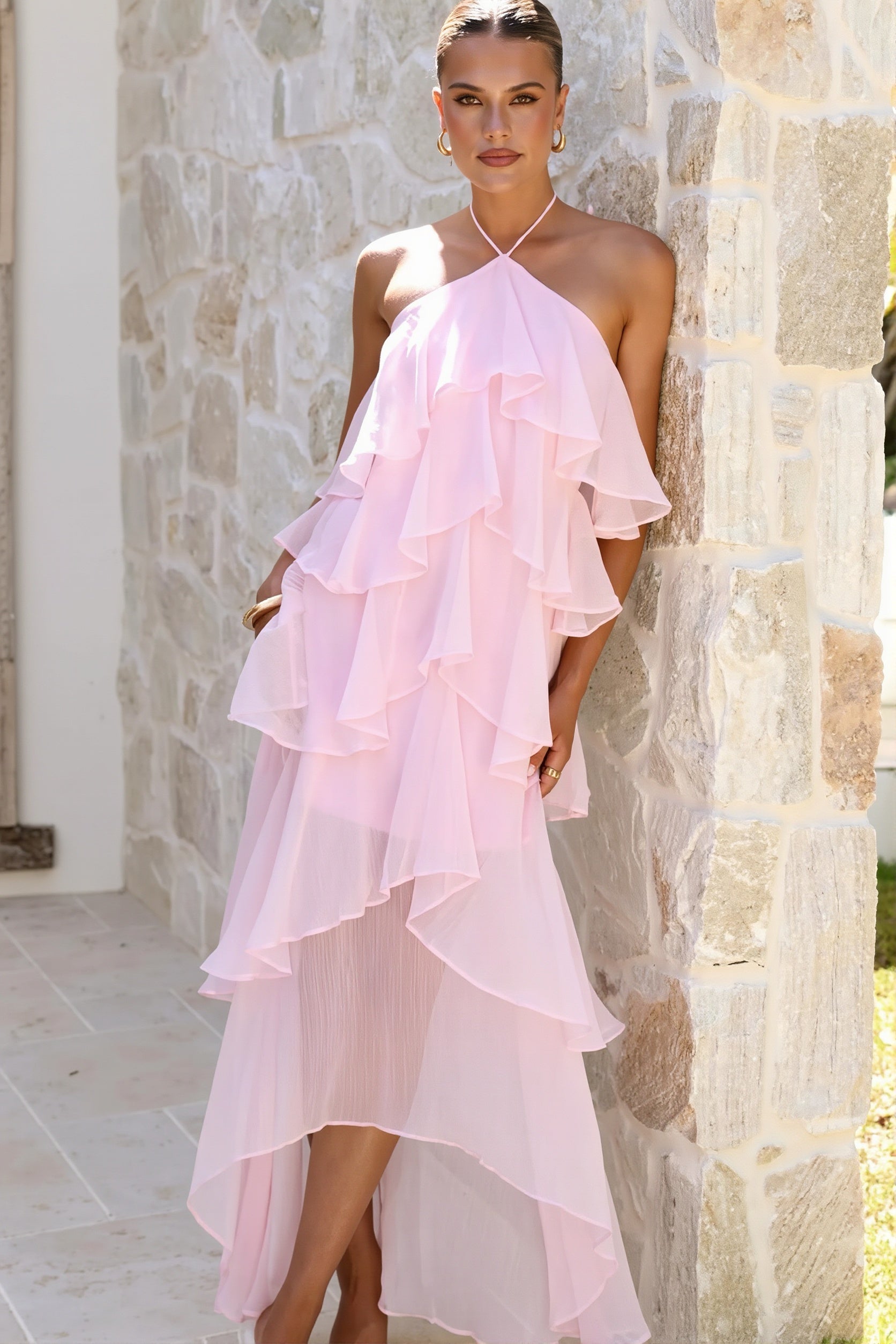 Tiered Ruffle Chiffon Print Maxi Dress