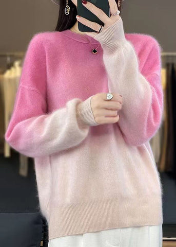 Frauen Rosa Farbverlauf O-Ausschnitt Gemütliche Pullover Langarm 